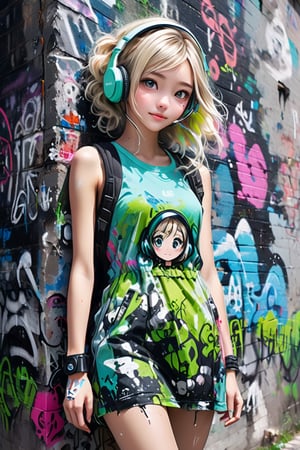 Lovely cute young attractive russian  girl, 18 years old, cute model, long blond_green short dress, good fit body 
Photorealistic:1.2,Hyperdetailed, solo, urban techwear outfit, (graffiti:1.5), paint splatter, arms behind back, against wall, looking at viewer, armband, thigh strap, paint on body, head tilt, bored, multicolored hair, aqua eyes, headset,urban techwear,high_res, 1girl, most beautiful korean girl, Korean beauty model, idol face, gorgeous girl, 18yo, over sized eyes, big eyes, smiling, looking at viewer,masterpiece