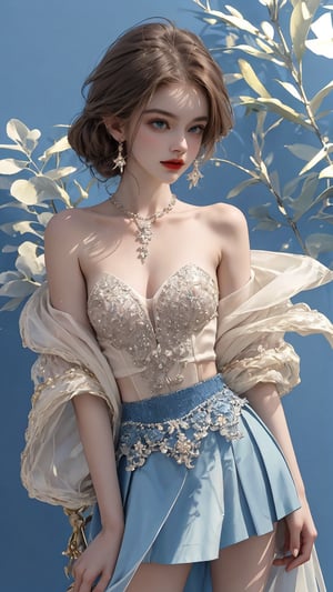 Create an image of an elegant strapless mermaid dress with a sweetheart neckline and details with intricate silver-white embroidery and beading on the bodice. The dress should have gathered layers of deep red fabric from mid-thigh to the floor, embellished with sparkling crystals or rhinestones. Place it on a((( textured blue background that contrasts beautifully with the colors of the dress.))) score_9, score_8_up, score_7_up, 1 girl, 44 yo scientist, standing, in botanical garden with tropical flowers, plants and butterlies, (open jacket over shoulders), thin transparent skirt, reading glasses, matte skin, blush, beautiful face, green eyes, brown hair, low twintails, tan lines, legs apart, white crop top, dutch angle, pink fingernails, sunlight, wind, , legs apart, small breast exposed, ((one small breast out)), (((skirt down))), (((light thin pubic hair exposed))) , expressiveHA very beautiful female model pro, wear tight chains on all of her whole body, gold chains, standing straight, pulling her hair with hands, screaming, at sunny valley with thick foggy surrounded her body, the chains spread out of ber body, busty cleavage, sharp, medium shot, tattoo on thighs "Chains", 