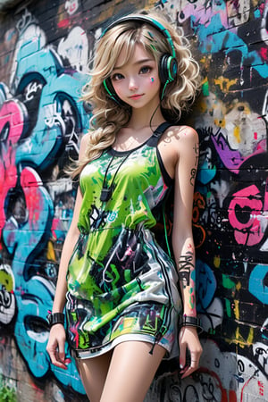 Lovely cute young attractive russian  girl, 18 years old, cute model, long blond_green short dress, good fit body 
Photorealistic:1.2,Hyperdetailed, solo, urban techwear outfit, (graffiti:1.5), paint splatter, arms behind back, against wall, looking at viewer, armband, thigh strap, paint on body, head tilt, bored, multicolored hair, aqua eyes, headset,urban techwear,high_res, 1girl, most beautiful korean girl, Korean beauty model, idol face, gorgeous girl, 18yo, over sized eyes, big eyes, smiling, looking at viewer,masterpiece