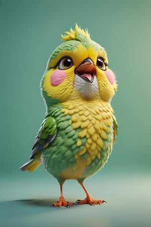 Canary walking, both arms up to the shoulder level,cheerful, 3d, C4D, mixer, Octane rendering, (full Croma green background), Masterpieces in pastel colors, Soft material, Best Quality, super detaill, High Quality, 4k, (3d, cute, chibi style), ((perfect high detailed image)), full Croma green background, no ingredients in background only Croma green colour