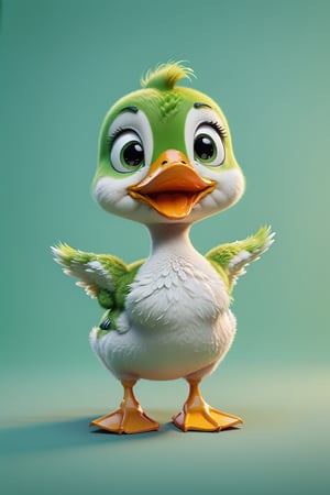 Duck walking, both arms up to the shoulder level,cheerful, 3d, C4D, mixer, Octane rendering, (full Croma green background), Masterpieces in pastel colors, Soft material, Best Quality, super detaill, High Quality, 4k, (3d, cute, chibi style), ((perfect high detailed image)), full Croma green background, no ingredients in background only Croma green colour