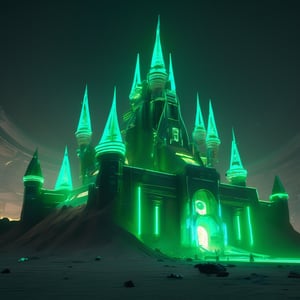 ((best quality)), ((masterpiece)), ((realistic,digital art)), (hyper detailed), An Cyberpunk Castle with green neon lights, Amber green, green details, green flag, desert background, like Final Fantasy, shadows , octane rendering, raytracing, volumetric lighting, Backlit,Rim Lighting, 8K, HDR, panoramic shot, drone shot