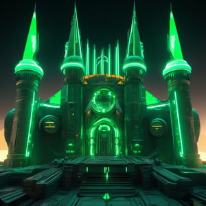 ((best quality)), ((masterpiece)), ((realistic,digital art)), (hyper detailed), An Cyberpunk Castle with green neon lights, Amber green, green colors, green flag, military kingdom, desert background, like Final Fantasy, shadows , octane rendering, raytracing, volumetric lighting, Backlit,Rim Lighting, 8K, HDR, panoramic shot, drone shot