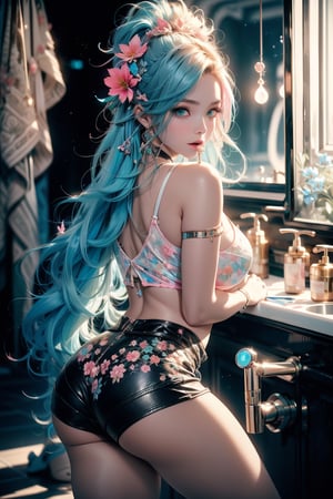 close up portrait of young woman with vibrant flowing aqua blue hair and mesmerizing eyes, wearing a black tank top and pink mini shorts, in a serene garden filled with blooming flowers, a representation of beauty and sinful , (sensual back pose brushing your teeth), in a bathroom, cute, beautiful, curvy sexy body,ultra detailed, dream like shot, 8k, (((rainbowish))), expressive, cinematic, dynamic sexy pose,midjourney, (full body shot), bib boobs, big round ass, butt inclined pose