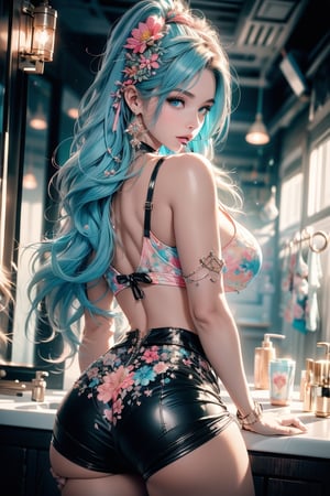 close up portrait of young woman with vibrant flowing aqua blue hair and mesmerizing eyes, wearing a black tank top and pink mini shorts, in a serene garden filled with blooming flowers, a representation of beauty and sinful , (sensual back pose brushing your teeth), in a bathroom, cute, beautiful, curvy sexy body,ultra detailed, dream like shot, 8k, (((rainbowish))), expressive, cinematic, dynamic sexy pose,midjourney, (full body shot), bib boobs, big round butt