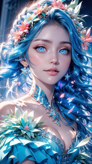 close up portrait of young woman with vibrantblowing AQUA BLUE hair and mesmerizing BLUE eyes, wearing a flowing dress made of PINK petals, in a serene garden filled with blooming flowers, a representation of beauty and grace, charming, cute, beautiful, ultra detailed, dream like shot, 8k, sunset,((holographic))), (((rainbowish))), expressive, cinematic, dynamic pose,midjourney