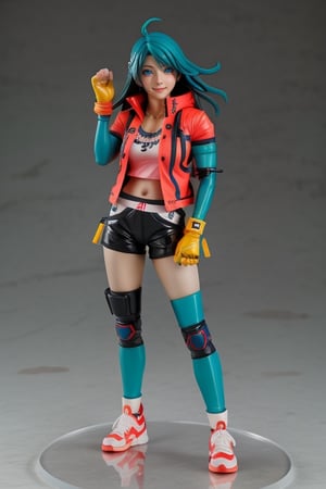 (best quality:1.15), (masterpiece:1.15), (detailed:1.15), ((Full Body photo)), A pop up parade figure, action figure, Hot Toys, Hasbro, Takara Tomy, and Kotobukiya! by Shunya Yamashita, Seki Yudai, PVC, 3d, 8k, high resolution, Unreal Engine, TSUBAME sculptor, anime figure, full body 1 / 6 nihei tsutomu, ( highly detailed figure ), full body close-up shot, anime figurine, official product photo, glowing blue eyes, perfecteyes , ((a woman wearing a pink clingy outfit and a bright red jacket with green details, knee pads, elbow pads, stylized fighting gloves, red sneakers)), colored, candypunk character design, candypunk, streets of rage character, street fighter, very stylized character design, Ultra sharp resolution, gorgeous, beautiful detailed eyes, expressive eyes, cute, fighter girl, concept art, intricate details, highly detailed, photorealistic, octane render, 8 k, unreal engine. ((glowing eyes)) makeup, (very long flowing blue hair), ((full body photo)), karate pose, smilling, very expressive, simple white background