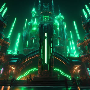 ((best quality)), ((masterpiece)), ((realistic,digital art)), (hyper detailed), An Cyberpunk Castle with green neon lights, Amber green, green details, green flag, cannons, like Final Fantasy, shadows , octane rendering, raytracing, volumetric lighting, Backlit,Rim Lighting, 8K, HDR, panoramic shot, drone shot