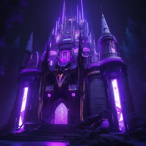 ((best quality)), ((masterpiece)), ((realistic,digital art)), (hyper detailed), An Cyberpunk Castle with dark purple neon lights, Amber dark purple, black and purple details, purple flag, forest background, like Final Fantasy, shadows , octane rendering, raytracing, volumetric lighting, Backlit,Rim Lighting, 8K, HDR, panoramic shot, drone shot