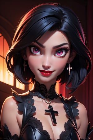 1girl, Femme Fatale, cute girl face, black hair color, short hair, vampire, fangs, cross earrings, gothic necklace with a silver cross, wearing a sensual black lace dress, (red anime eyes), beautiful eyes, cute, beautiful, gorgeous, cute face, black make-up, red nails, sakimichan , Instagram celebrity, dynamic posing, super intricate and detailed, colored scenario, Multiverse, Sakimichan, cinematographic, shadow, hypermaximalist, red lipstick, charismatic, Goddess, 8k, dramatic, looking at câmera, smile