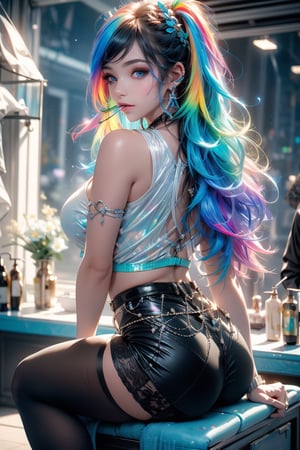 close up portrait of young woman with vibrant flowing aqua blue hair and mesmerizing eyes, wearing a black tank top and ragged shorts, in a serene garden filled with blooming flowers, a representation of beauty and sinful , (sensual back pose brushing your teeth), bathroom, cute, beautiful, curvy sexy body,ultra detailed, dream like shot, 8k, sunset,((holographic))), (((rainbowish))), expressive, cinematic, dynamic sexy pose,midjourney, (full body shot), bib boobs, big butt