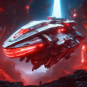 ((best quality)), ((masterpiece)), ((realistic,digital art)), (hyper detailed), An Cyberpunk floating starship Castle with red neon lights in the sky, Amber red, white details, red flag, forest background, like Final Fantasy, shadows , octane rendering, raytracing, volumetric lighting, Backlit,Rim Lighting, 8K, HDR, panoramic shot, drone shot