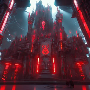 ((best quality)), ((masterpiece)), ((realistic,digital art)), (hyper detailed), An Cyberpunk Castle with red neon lights, Amber red, red details, red flag, forest background, like Final Fantasy, shadows , octane rendering, raytracing, volumetric lighting, Backlit,Rim Lighting, 8K, HDR, panoramic shot, drone shot