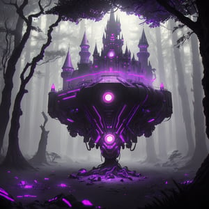 ((best quality)), ((masterpiece)), ((realistic,digital art)), (hyper detailed), An Cyberpunk Castle with dark purple neon lights, Amber dark purple, black and purple details, purple flag, forest background, like Final Fantasy, shadows , octane rendering, raytracing, volumetric lighting, Backlit,Rim Lighting, 8K, HDR, panoramic shot, drone shot