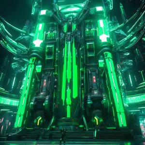 ((best quality)), ((masterpiece)), ((realistic,digital art)), (hyper detailed), An Cyberpunk TOWER Castle with green neon lights, Amber green, green details, green flag, cannons, like Final Fantasy, shadows , octane rendering, raytracing, volumetric lighting, Backlit,Rim Lighting, 8K, HDR, panoramic shot, drone shot