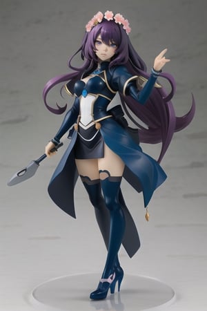 (masterpiece:1.2, best quality), (real picture, intricate details), 1girl, solo, long dark blue flowing hair, black dreesup, pop up parade figure, beautiful anime face, gorgeous, goddess, flowers on head, pink flowers, Shunya Yamashita, KOTOBUKIYA, The statue was made into the BISHOUJO style by Shunya Yamashita