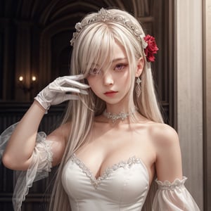 1girl, long hair, looking at viewer, bangs, red eyes, gloves, long sleeves, 1boy, dress, hair between eyes, jewelry, closed mouth, collarbone, upper body, white hair, solo focus, puffy sleeves, white gloves, red dress, juliet sleeves, albino