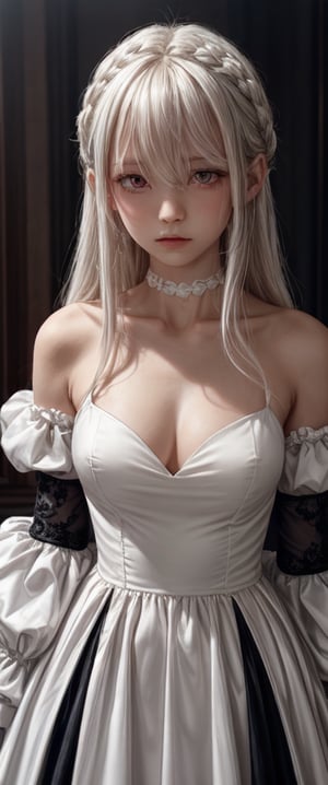 1girl, long hair, looking at viewer, bangs, red eyes, gloves, long sleeves, 1boy, dress, hair between eyes, jewelry, closed mouth, collarbone, upper body, white hair, solo focus, puffy sleeves, white gloves, red dress, juliet sleeves, albino