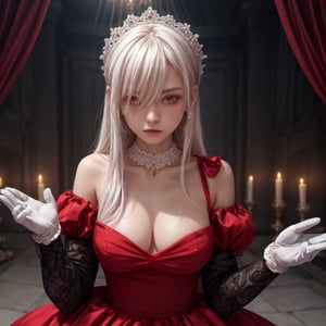 1girl, long hair, looking at viewer, bangs, red eyes, gloves, long sleeves, 1boy, dress, hair between eyes, jewelry, closed mouth, collarbone, upper body, white hair, solo focus, puffy sleeves, white gloves, red dress, juliet sleeves, albino