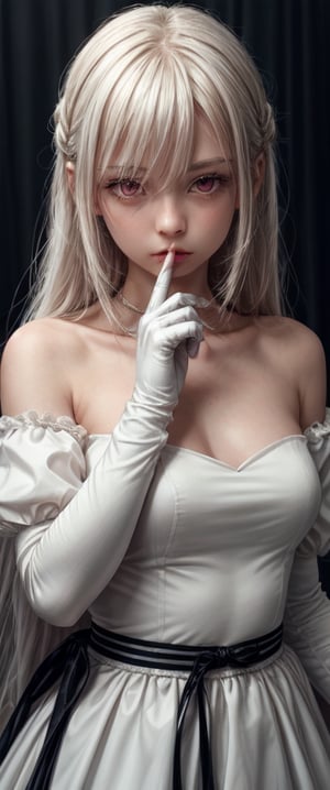 1girl, long hair, looking at viewer, bangs, red eyes, gloves, long sleeves, 1boy, dress, hair between eyes, jewelry, closed mouth, collarbone, upper body, white hair, solo focus, puffy sleeves, white gloves, red dress, juliet sleeves, albino