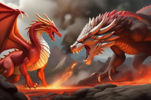 a large and aggressive red dragon fighting a wolf that is light brown with white and is in a position to attack the dragon in a valley full of volcanoes and lava.