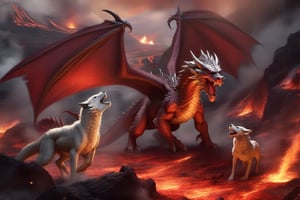 a large and aggressive red dragon fighting against a light brown and white wolf in defense position in a valley full of volcanoes and lava.