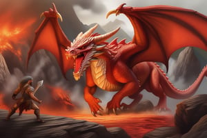 a large and aggressive red dragon fighting a wolf that is light brown with white and is in a position to attack the dragon in a valley full of volcanoes and lava.