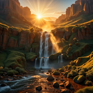 A breathtakingly vivid sunset over a majestic canyon, the golden hues of the sky reflecting off the cascading waterfall below. The high-quality camera captures every detail with striking realism, from the rugged rock formations to the glistening water. This photograph immerses viewers in the serene beauty of nature at its most awe-inspiring moment, exuding a sense of peace and wonderment. Each blade of grass and ripple in the water is impeccably sharp, allowing for a truly immersive viewing experience.