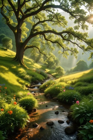 A serene meadow landscape, bathed in warm sunlight with dappled shadows, where wildflowers sway gently in the breeze. A majestic tree stands tall, its branches stretching towards the sky, while a winding stream flows softly through the terrain, reflecting the vibrant colors of nature.