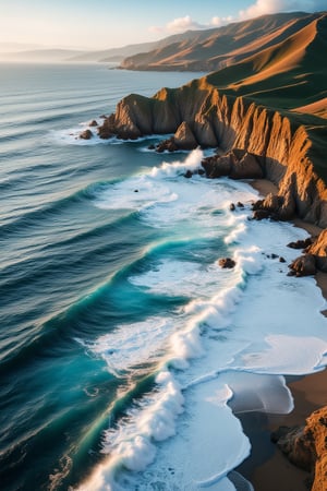 The waves on the coast crash against the towering walls of the hills, their relentless energy echoing through the rugged landscape. In this breathtaking photograph, the waves appear as solid walls of frothy white, contrasting beautifully with the solid earth tones of the hills. The dynamic motion of the waves captivates the viewer, evoking a sense of awe at the power of nature. Each detail is rendered with exquisite precision, showcasing the photographers mastery of light and composition. This stunning image perfectly captures the raw beauty and untamed force of the coastal landscape.