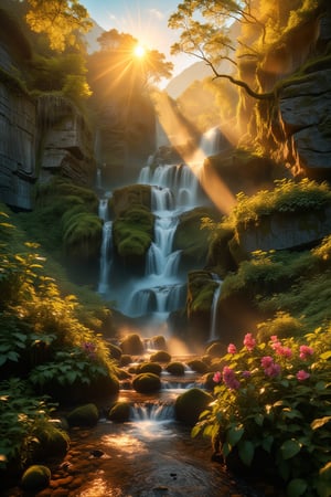 A serene sunset scene: a majestic waterfall cascades down a rocky slope, surrounded by lush greenery and vibrant flowers. Soft golden light illuminates the misty veil rising from the water's edge, casting a warm glow on the tranquil forest floor. The camera pans across the natural wonder, capturing the gentle dance of sunlight and shadows as day yields to night.