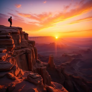 Golden light creeps over the rugged canyon landscape as sunrise breaks, casting a warm glow on ancient rock formations. A lone hiker stands at the edge of the precipice, silhouette defined against the vibrant orange and pink hues. The stillness of dawn is palpable, with only the distant call of birds breaking the silence.