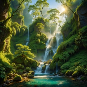 In the heart of the verdant canyon, emerald moss blankets the sheer stone walls in a lush tapestry of vibrant hues. Sunlight filters through the dense foliage, casting a warm, golden glow on the cascading waterfall at its center. This breathtaking scene, captured in a vividly detailed painting, showcases the serene beauty of natures majesty. The towering cliffs rise in majestic splendor, their lush greenery a testament to the untouched wilderness. Every brushstroke brings to life the rich textures and vivid colors of this pristine landscape, inviting viewers to immerse themselves in its tranquil allure.