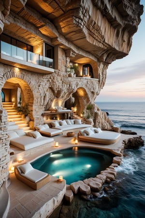 Design a luxurious seaside cave retreat carved into rocky cliffs overlooking a tranquil ocean. The interior features natural stone walls and archways, seamlessly blending with the caves organic structure. Plush, curved seating areas with soft white cushions and woven straw accents are arranged around a small natural pool that connects to the ocean. An upper level balcony overlooks the space, adding to the cozy yet elegant atmosphere. Sunlight filters through openings, casting a warm, inviting glow on the textured walls, while waves gently lap at the entrance, creating a serene and magical coastal sanctuary.,nature