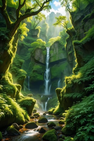 In the heart of the verdant canyon, emerald moss blankets the sheer stone walls in a lush tapestry of vibrant hues. Sunlight filters through the dense foliage, casting a warm, golden glow on the cascading waterfall at its center. This breathtaking scene, captured in a vividly detailed painting, showcases the serene beauty of natures majesty. The towering cliffs rise in majestic splendor, their lush greenery a testament to the untouched wilderness. Every brushstroke brings to life the rich textures and vivid colors of this pristine landscape, inviting viewers to immerse themselves in its tranquil allure.