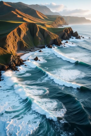 The waves on the coast crash against the towering walls of the hills, their relentless energy echoing through the rugged landscape. In this breathtaking photograph, the waves appear as solid walls of frothy white, contrasting beautifully with the solid earth tones of the hills. The dynamic motion of the waves captivates the viewer, evoking a sense of awe at the power of nature. Each detail is rendered with exquisite precision, showcasing the photographers mastery of light and composition. This stunning image perfectly captures the raw beauty and untamed force of the coastal landscape.