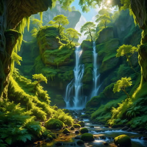 In the heart of the verdant canyon, emerald moss blankets the sheer stone walls in a lush tapestry of vibrant hues. Sunlight filters through the dense foliage, casting a warm, golden glow on the cascading waterfall at its center. This breathtaking scene, captured in a vividly detailed painting, showcases the serene beauty of natures majesty. The towering cliffs rise in majestic splendor, their lush greenery a testament to the untouched wilderness. Every brushstroke brings to life the rich textures and vivid colors of this pristine landscape, inviting viewers to immerse themselves in its tranquil allure.