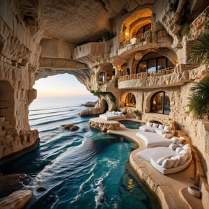 Design a luxurious seaside cave retreat carved into rocky cliffs overlooking a tranquil ocean. The interior features natural stone walls and archways, seamlessly blending with the caves organic structure. Plush, curved seating areas with soft white cushions and woven straw accents are arranged around a small natural pool that connects to the ocean. An upper level balcony overlooks the space, adding to the cozy yet elegant atmosphere. Sunlight filters through openings, casting a warm, inviting glow on the textured walls, while waves gently lap at the entrance, creating a serene and magical coastal sanctuary.