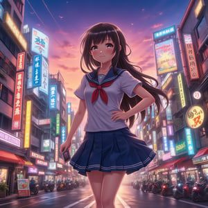 A vibrant anime scene unfolds: A schoolgirl in a sailor-fuku uniform stands confidently in front of a colorful Tokyo cityscape at sunrise, her long hair flowing in the gentle breeze. The neon-lit skyscrapers and bustling streets create a lively backdrop for her bold pose, with one hand on her hip and the other holding a manga volume.