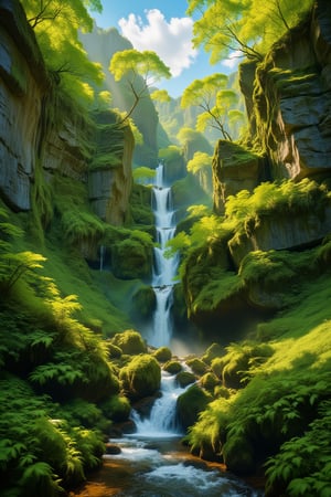 In the heart of the verdant canyon, emerald moss blankets the sheer stone walls in a lush tapestry of vibrant hues. Sunlight filters through the dense foliage, casting a warm, golden glow on the cascading waterfall at its center. This breathtaking scene, captured in a vividly detailed painting, showcases the serene beauty of natures majesty. The towering cliffs rise in majestic splendor, their lush greenery a testament to the untouched wilderness. Every brushstroke brings to life the rich textures and vivid colors of this pristine landscape, inviting viewers to immerse themselves in its tranquil allure.