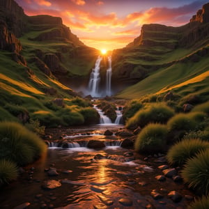 A breathtakingly vivid sunset over a majestic canyon, the golden hues of the sky reflecting off the cascading waterfall below. The high-quality camera captures every detail with striking realism, from the rugged rock formations to the glistening water. This photograph immerses viewers in the serene beauty of nature at its most awe-inspiring moment, exuding a sense of peace and wonderment. Each blade of grass and ripple in the water is impeccably sharp, allowing for a truly immersive viewing experience.