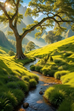 A serene meadow landscape, bathed in warm sunlight with dappled shadows, where wildflowers sway gently in the breeze. A majestic tree stands tall, its branches stretching towards the sky, while a winding stream flows softly through the terrain, reflecting the vibrant colors of nature.