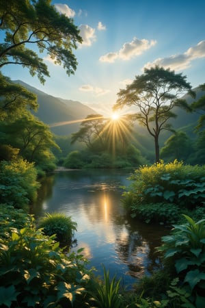 A serene dawn breaks over a tranquil landscape as the sun rises above the horizon, its warm golden light casting a gentle glow on the lush greenery. Framed by a majestic mountain range in the background, the scene is set against a brilliant blue sky with wispy clouds drifting lazily across the canvas. The camera captures every intricate detail, from the dew-kissed leaves to the delicate ripples on the surface of a nearby lake.