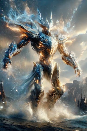 In this breathtaking 8K masterpiece, the Water God descends from the heavens, grasping an enormous hammer that illuminates the dark background with a warm, golden glow. The mecha, encased in ultra-realistic, high-detailed metallic armor, stands tall amidst shards of debris and destruction. As the Water God brings down the hammer, the mecha's metal body shimmers under the intense light, radiating an aura of power and resilience.