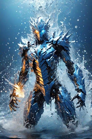 (masterpiece, best quality, ultra-detailed:1.2),  water god hit down a hammer to a mecha, fantasy,  high detailed, 8k
,action shot,shards, metallic armor, masterpiece, ultra realistic metallic, ultra reality effect of water