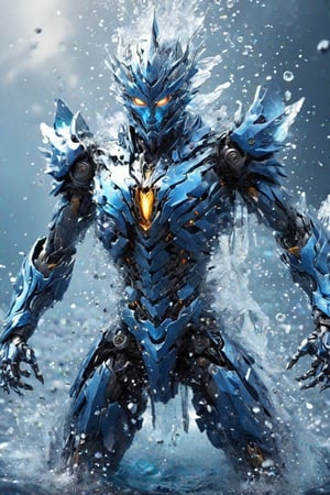 (masterpiece, best quality, ultra-detailed:1.2),  water god hit down a hammer to a mecha, fantasy,  high detailed, 8k
,action shot,shards, metallic armor, masterpiece, ultra realistic metallic, ultra reality effect of water