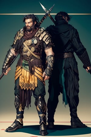 best quality, masterpiece, 
two echo fighter back to back who wields a warglaive wears tribal clothing and at the same time has ornate armor plates, his shadow is behind him in the same position, hair: black,
beard: black
clothing: green and leather, 4k, intricate details, mood, soft shading,High detailed,respect the Lineart,
The space between both must be 10 centimeters