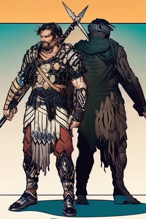 best quality, masterpiece, 
two echo fighter back to back who wields a warglaive wears tribal clothing and at the same time has ornate armor plates, his shadow is behind him in the same position, hair: black,
beard: black
clothing: green and leather, 4k, intricate details, mood, soft shading,High detailed,respect the Lineart,
The space between both must be 10 centimeters