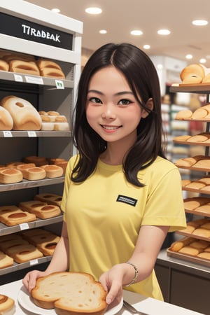 filipina lady looking at the empty plate ((background inside the breadtalk store)) ((smiling while looking in the empty plate)) ((clear hand)) ,ActionFigureQuiron style,b3rli