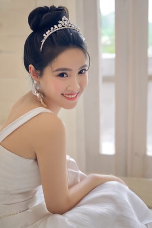 1 vietnamese girl, solo, black hair, hair ornament, dress, holding, jewelry, sitting, flower, earrings, indoors, necklace, hair bun, white dress, tiara, smile, looking at viewer 